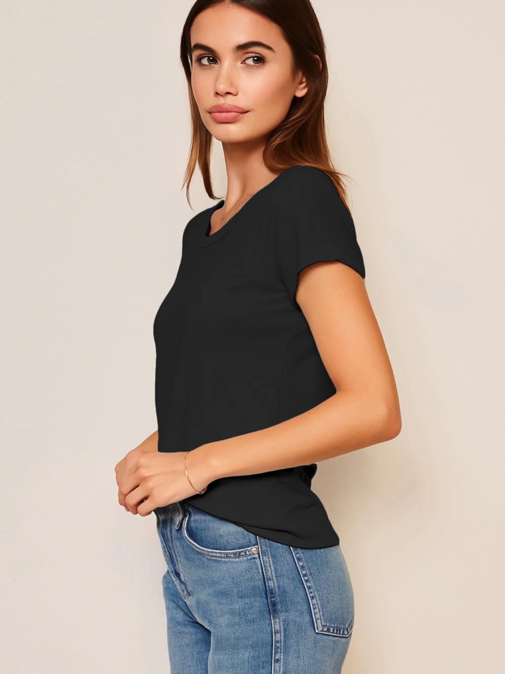 Sundry | Black Rolled Sleeve Tee Crewneck Short Sleeve T-shirt